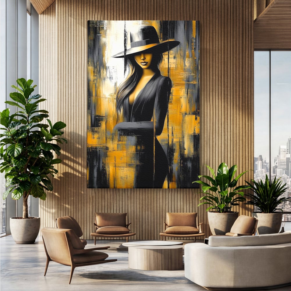 Tablou canvas cu tablou canvas cu silueta feminina si palarie, fara rama, pe sasiu de lemn, pe perete intr-un birou